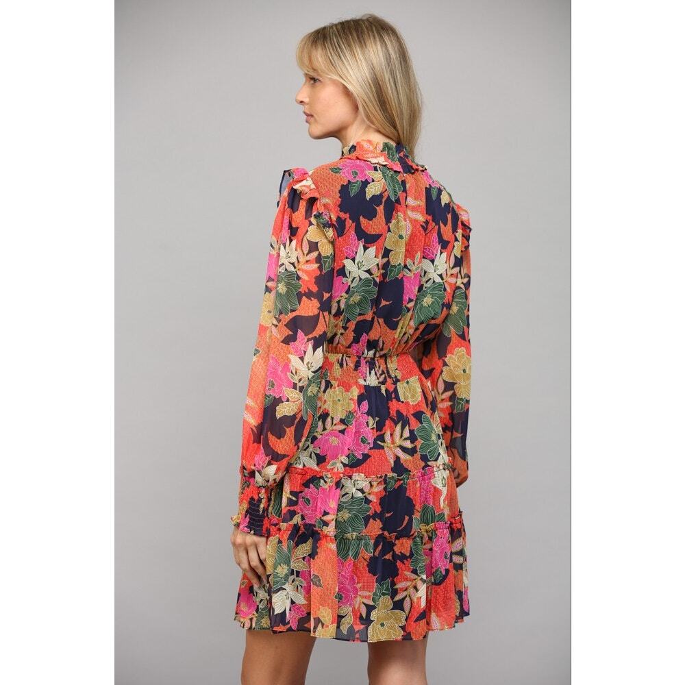FATE Floral NWT Long Sleeve Smocked Waist Mini Dress Rust Fall Boho S - Picture 2 of 12